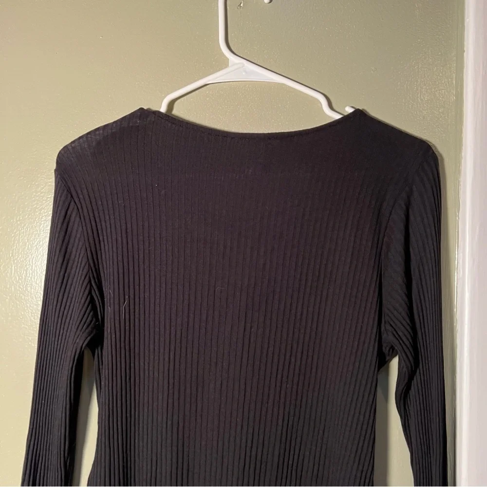 H&M Women's Size Medium Bodysuit Long Sleeve Lace Up Black Ribbed Deep V-Neck